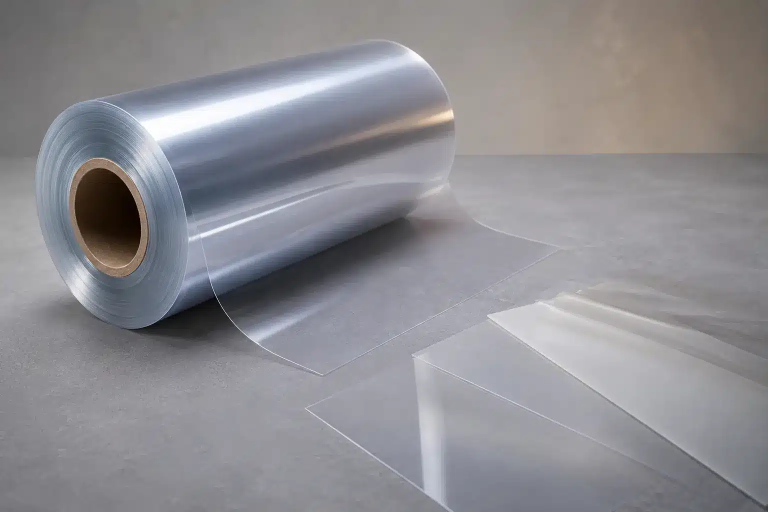 Concept illustration of a clear PET film roll with transparent and matte sample sheets
