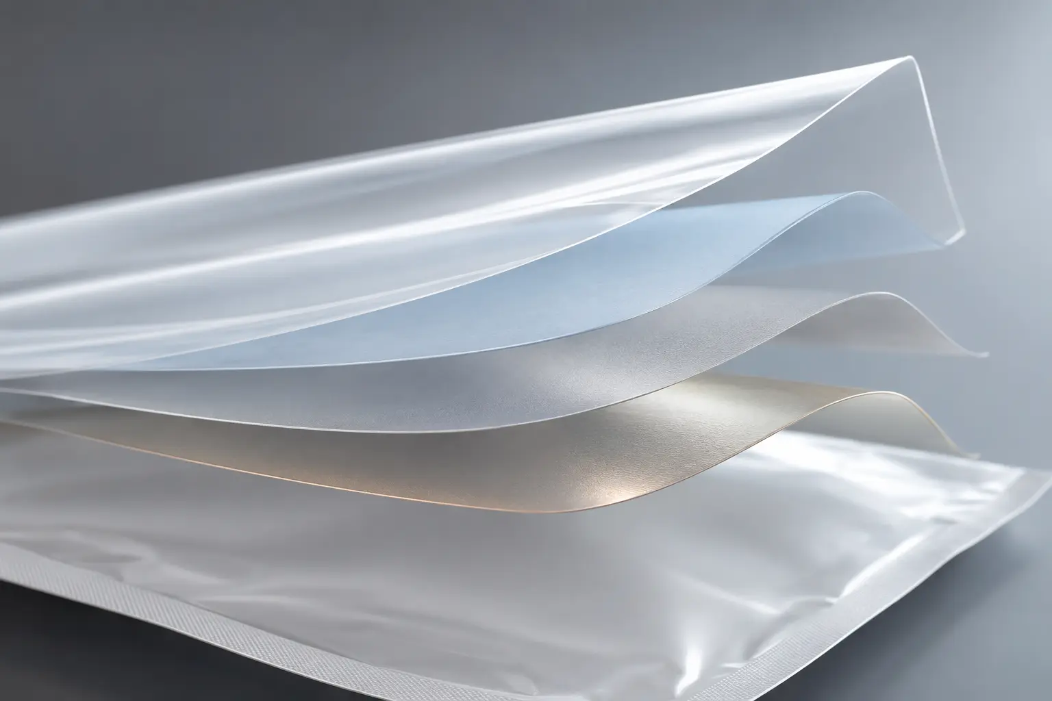Concept illustration of separated translucent layers above a flexible pouch web