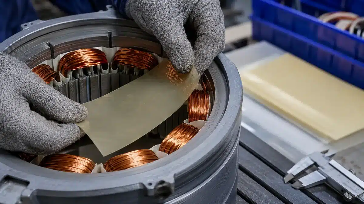 PET film insulation layer being applied in a generic electrical winding assembly