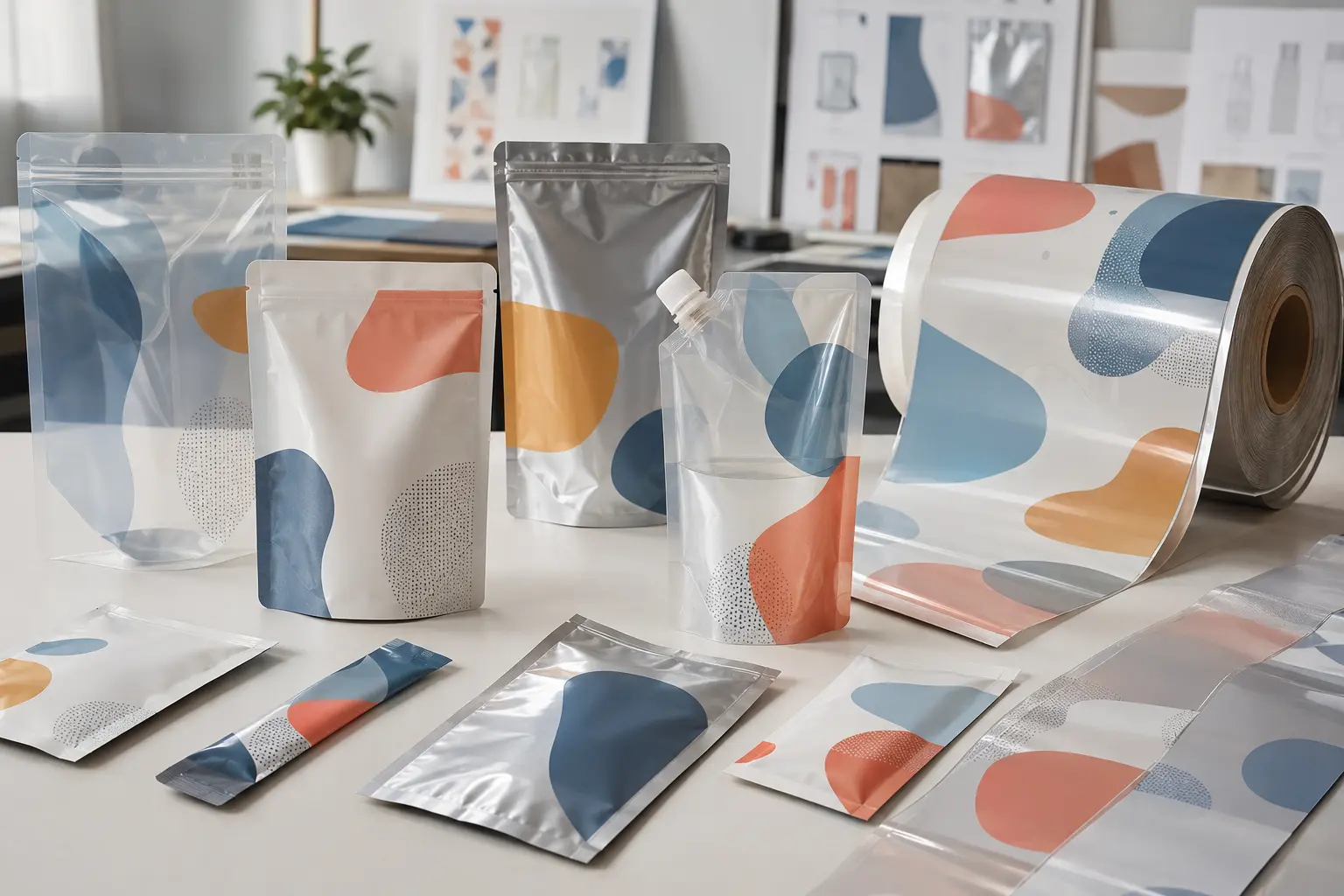 Concept illustration of unbranded flexible pouches and printed rollstock in a packaging studio