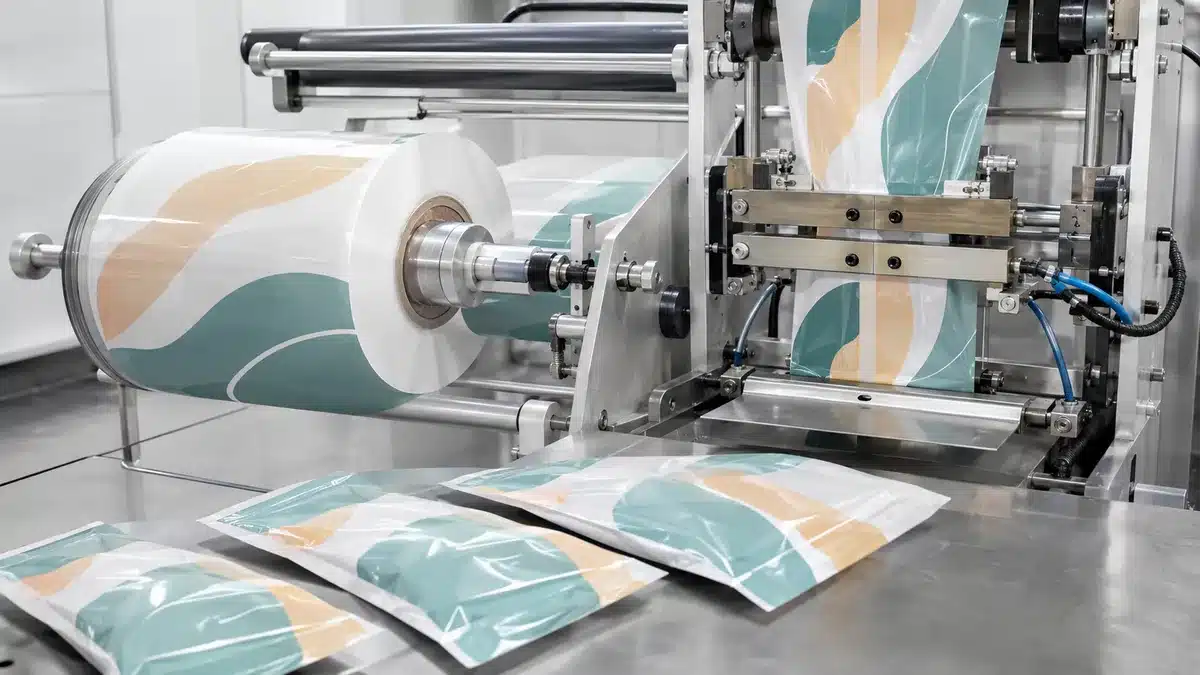 Unbranded flexible pouches and PET film web on a generic packaging line