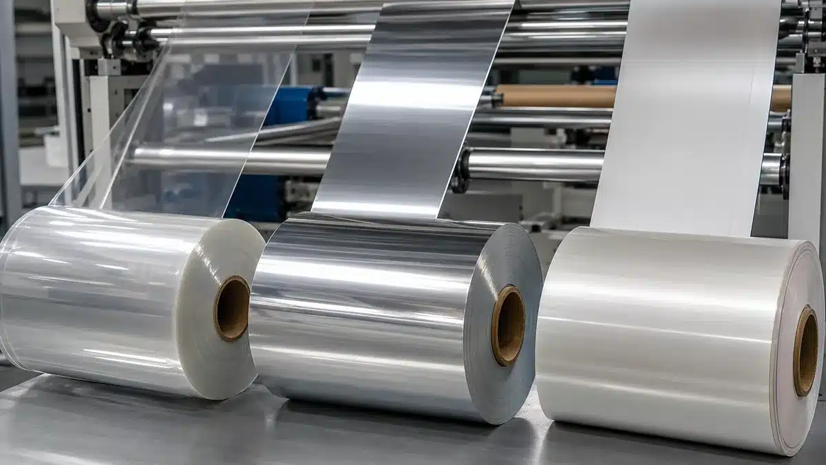 Clear, metallized, and laminated PET film rolls represented in a generic converting environment