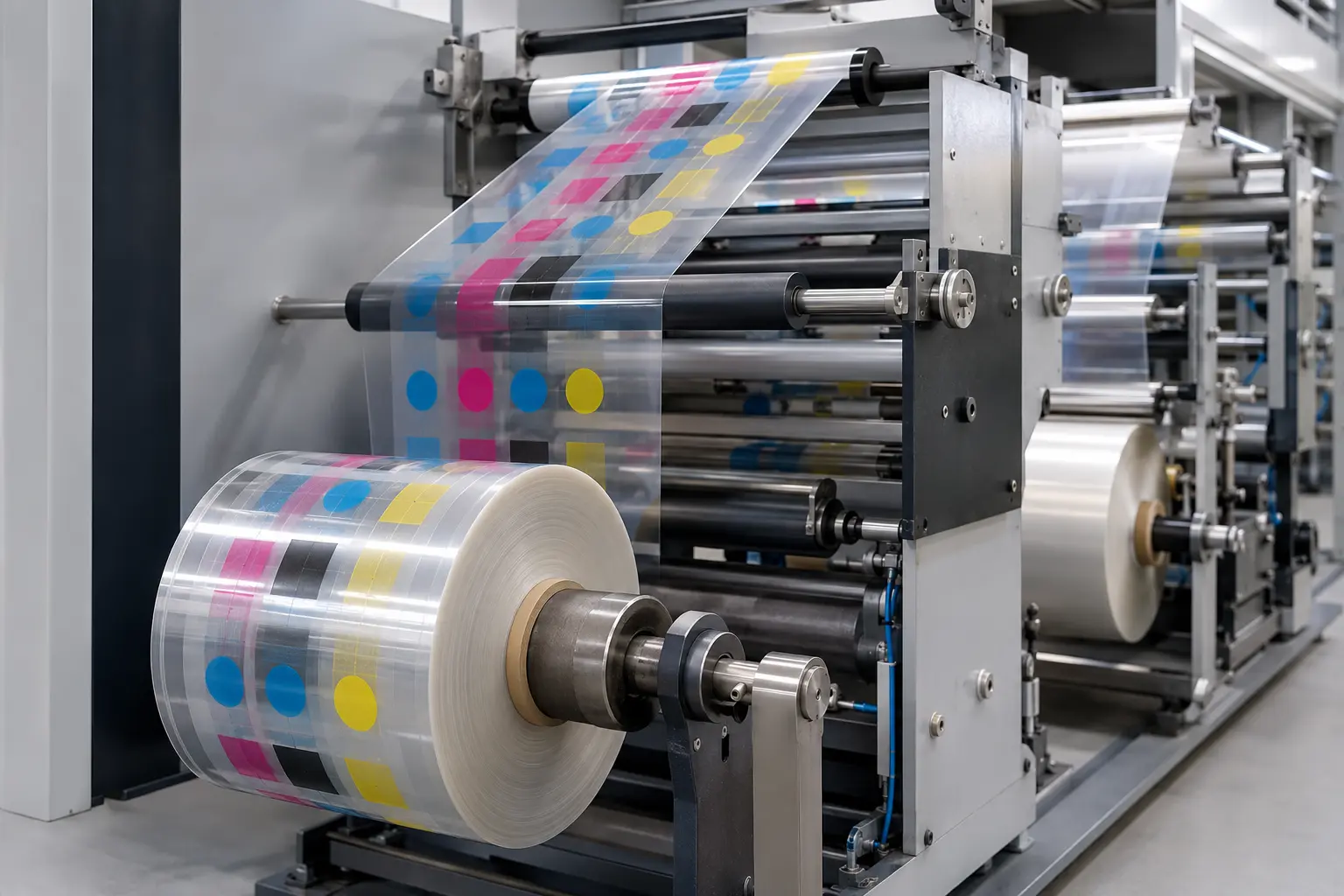 Concept illustration of transparent PET web moving through generic roll-to-roll converting equipment