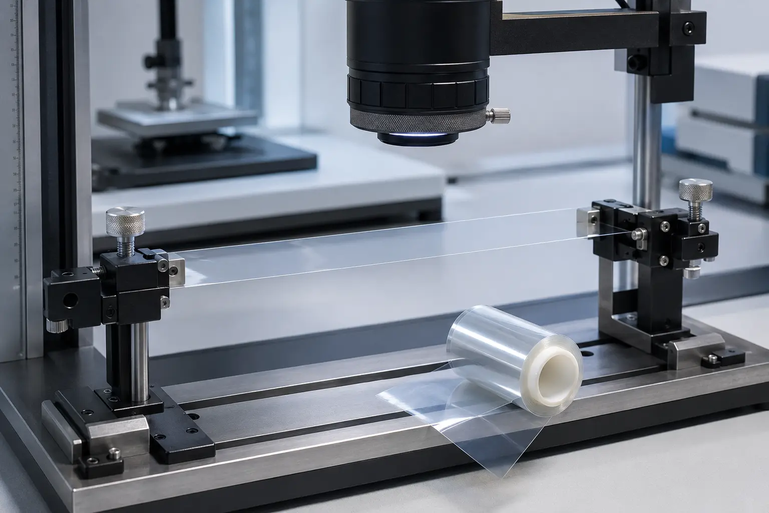Concept illustration of transparent PET film in a generic materials-testing setup