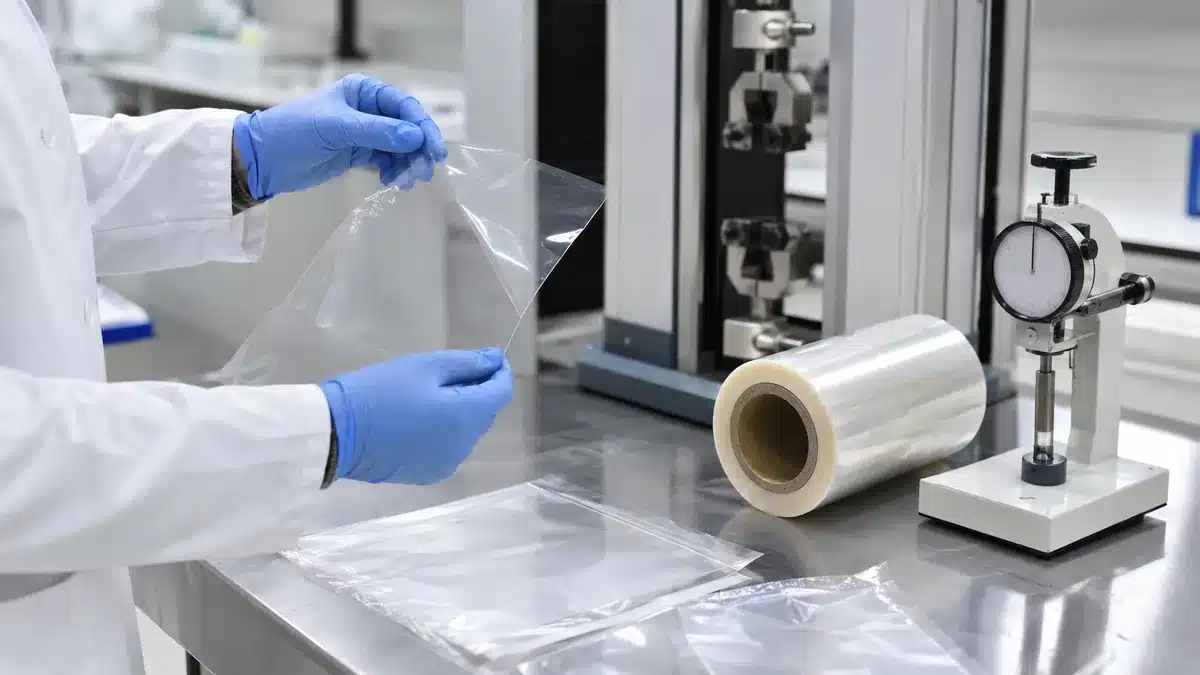 Technician inspecting unbranded PET film samples in a generic materials laboratory