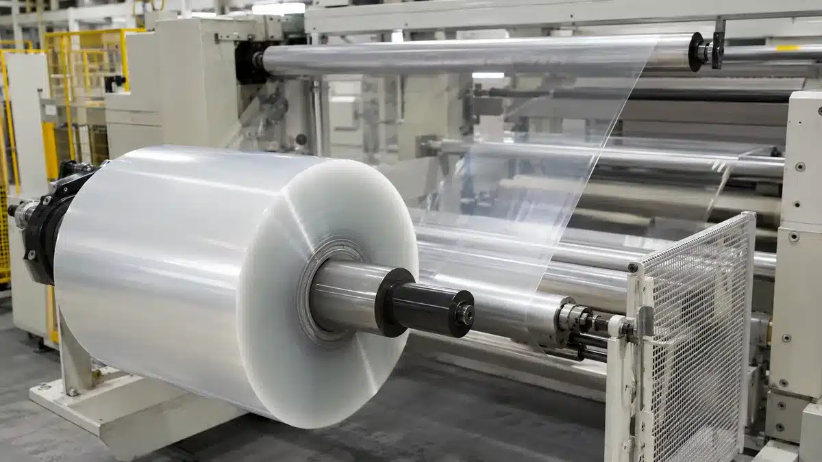 Transparent polyester film rollstock unwinding across a clean converting line