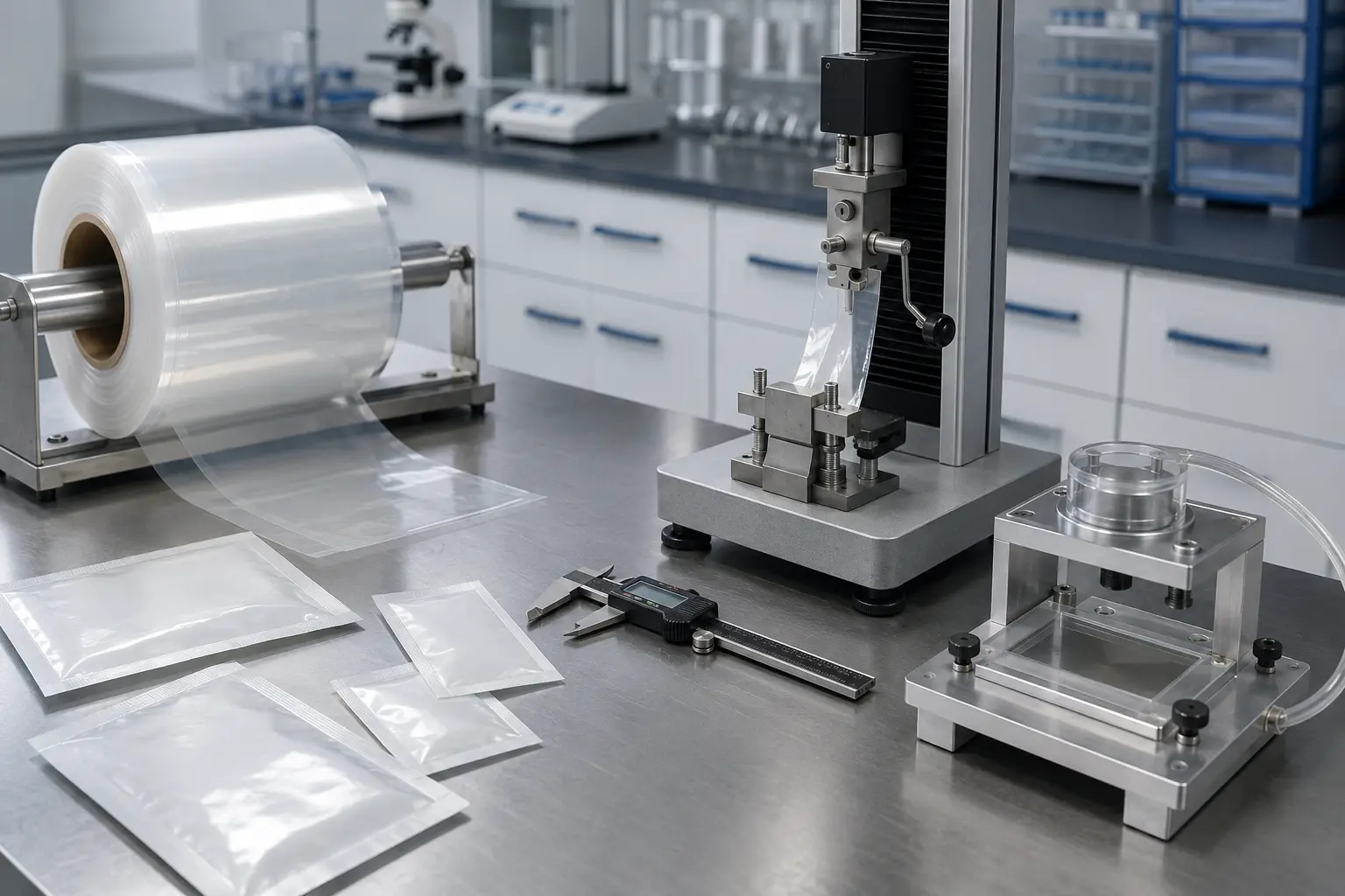 Concept illustration of a packaging QA bench with film roll pouch samples and generic test fixtures