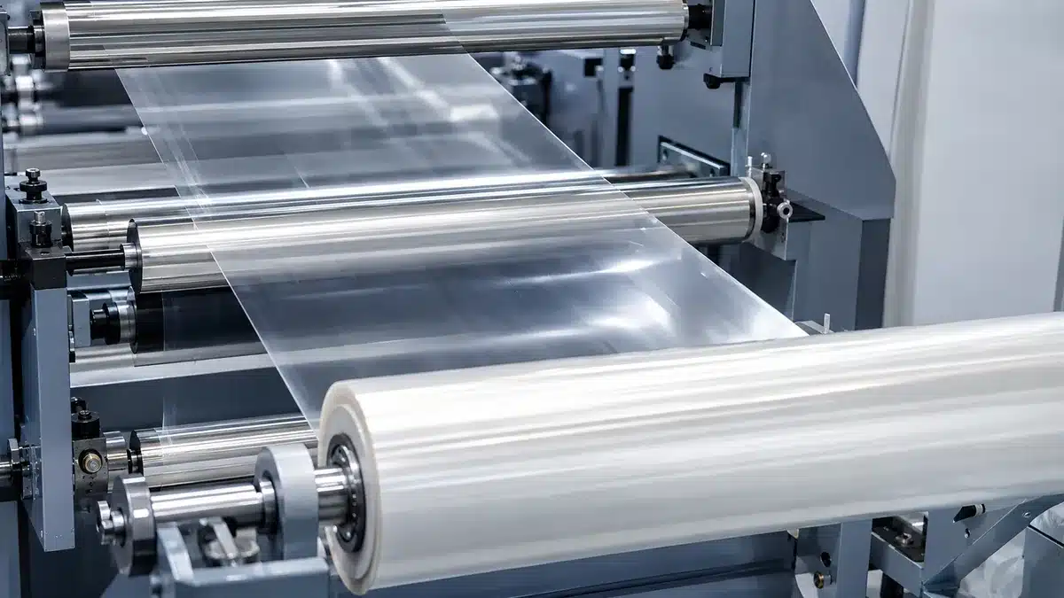 Transparent PET film web moving across rollers in a generic converting process