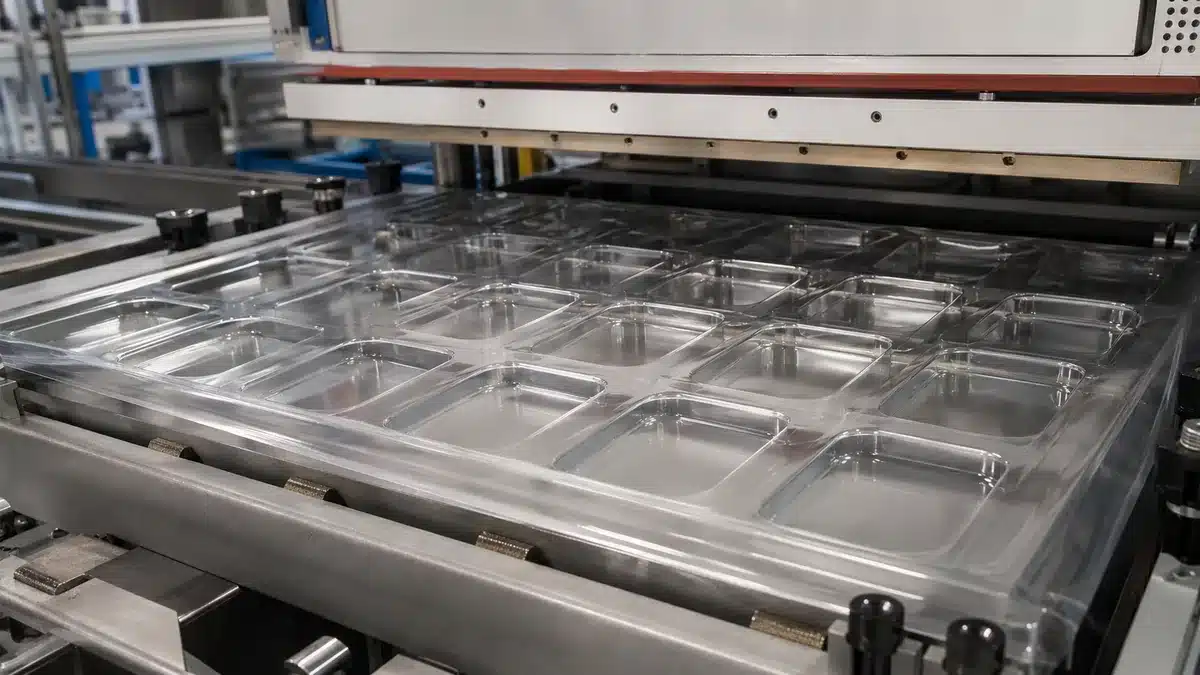 Clear thermoplastic sheet being formed over a multi-cavity packaging mold