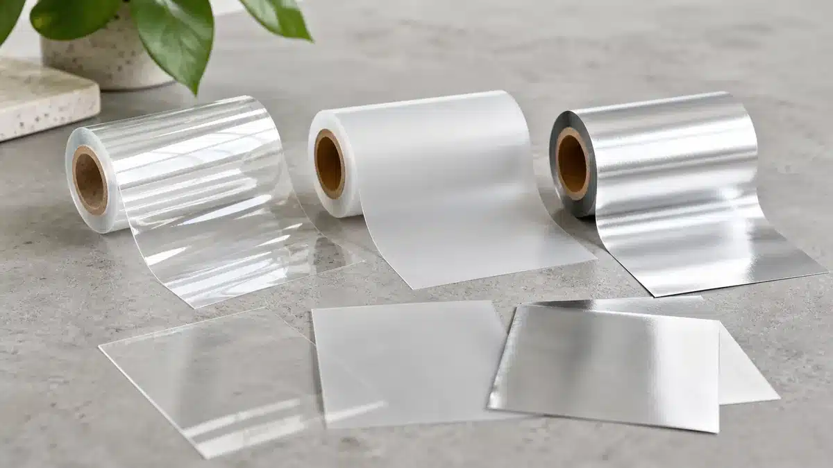 Concept illustration comparing clear glossy, translucent matte, and silver metallized plastic film appearances.