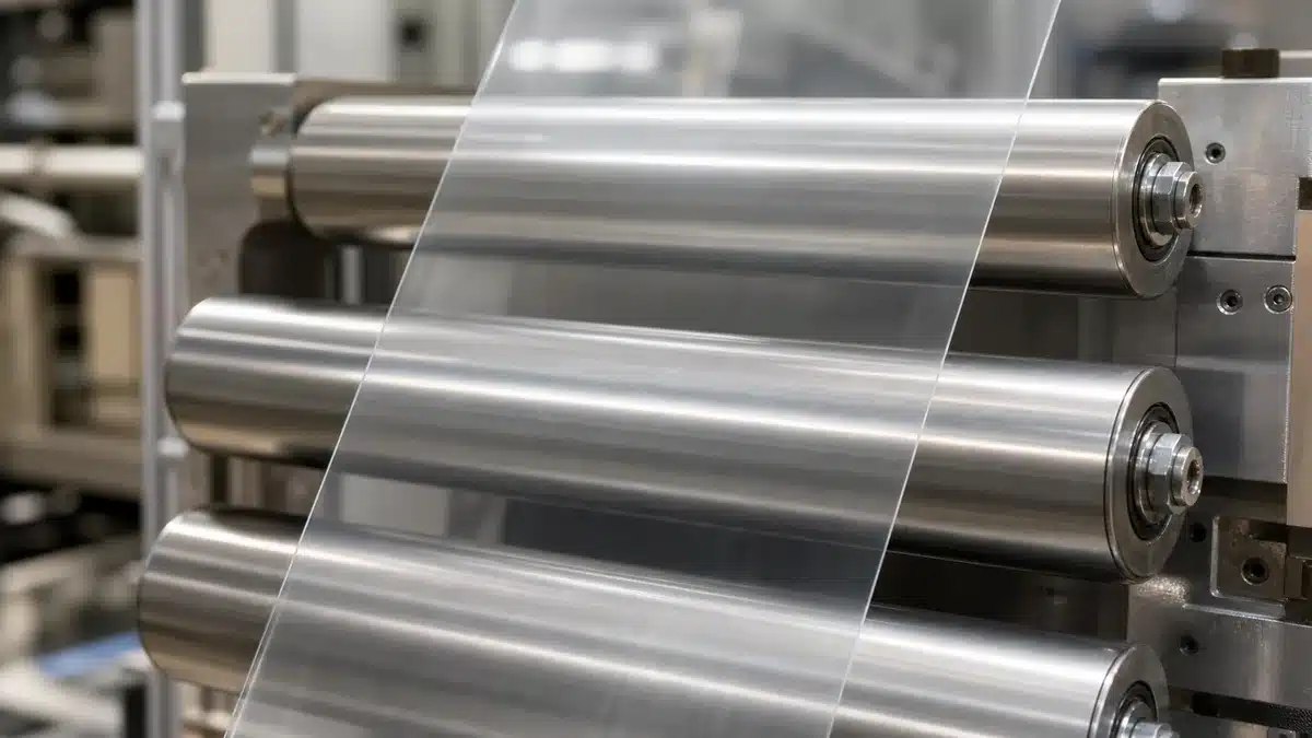 Concept illustration of transparent plastic film running over metal guide rollers in a generic converting process.