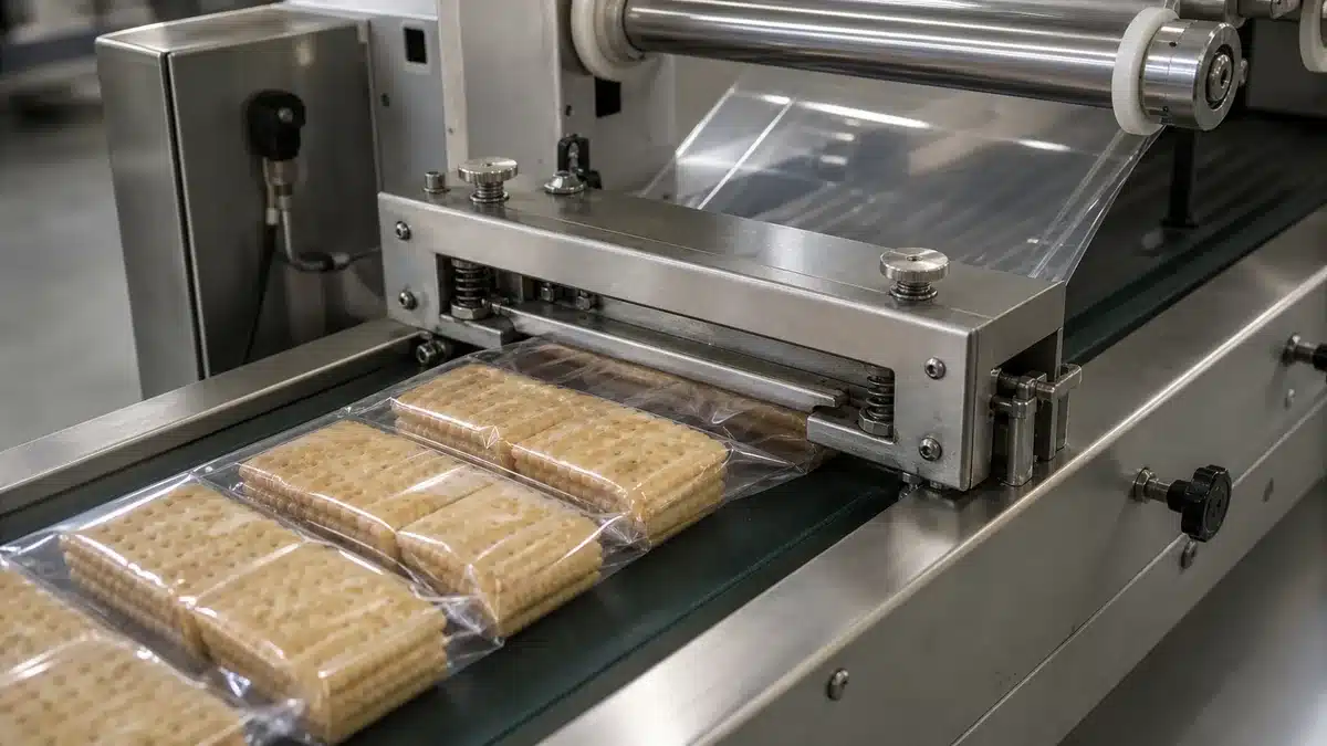 Concept illustration of clear plastic film forming and sealing around an unbranded dry product on generic packaging equipment.