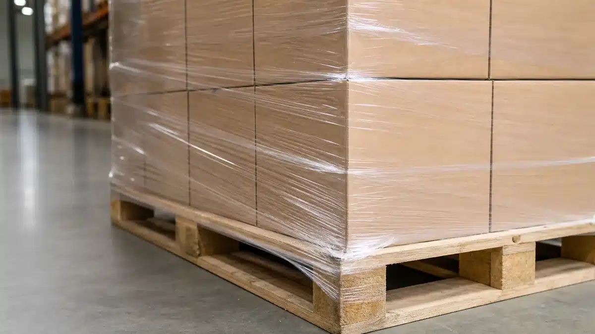 Concept illustration of transparent stretch film wrapped around plain cartons on a warehouse pallet.