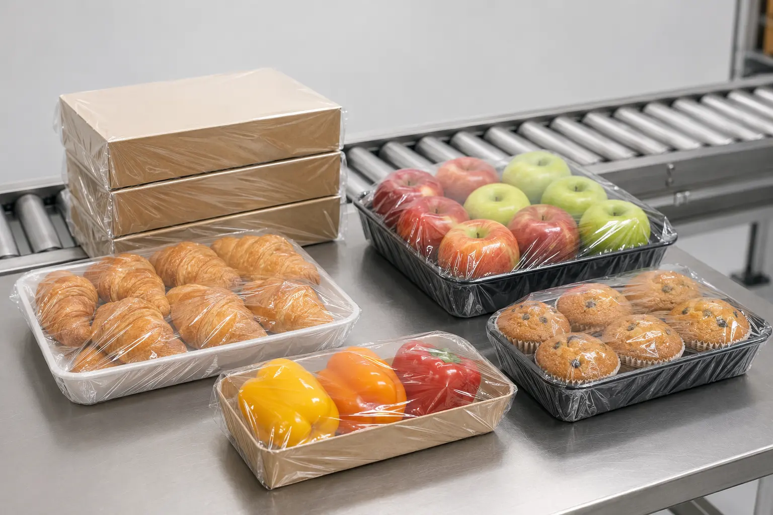 Concept illustration of clear shrink overwrap around unbranded bakery trays and food cartons