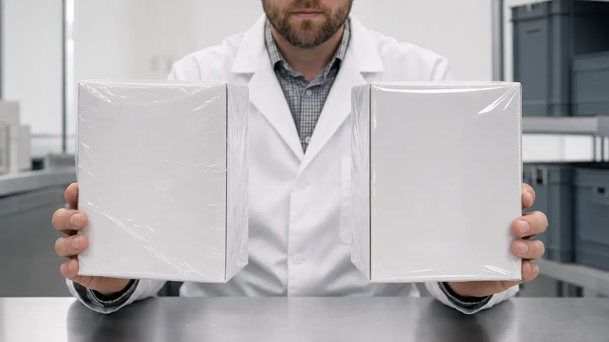 Packaging engineer comparing two unbranded shrink-wrapped sample cartons