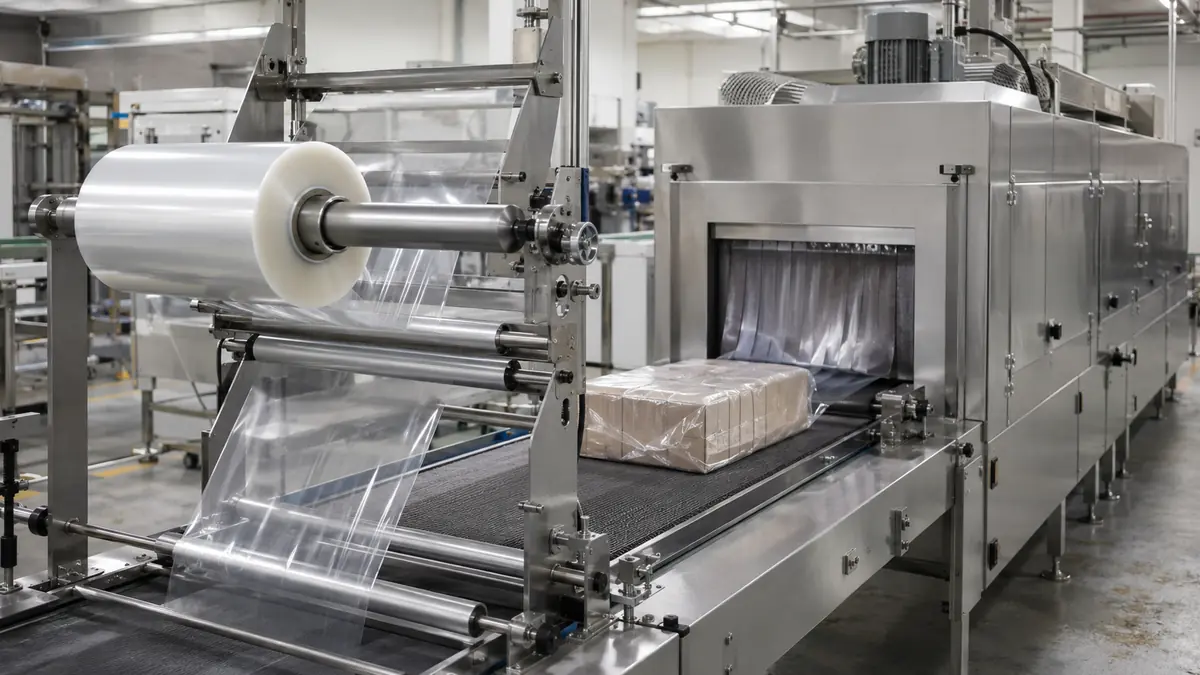 Clear shrink film forming around an unbranded retail multipack at a shrink tunnel