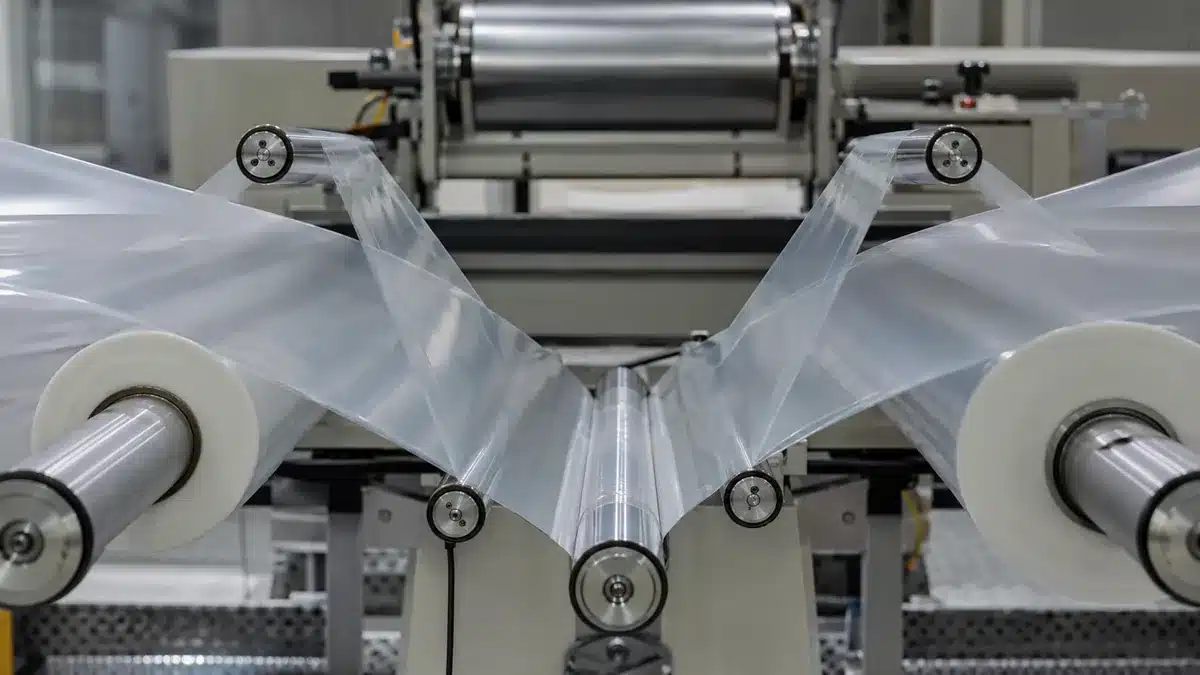 Two transparent film webs joining at a lamination nip in a converting line