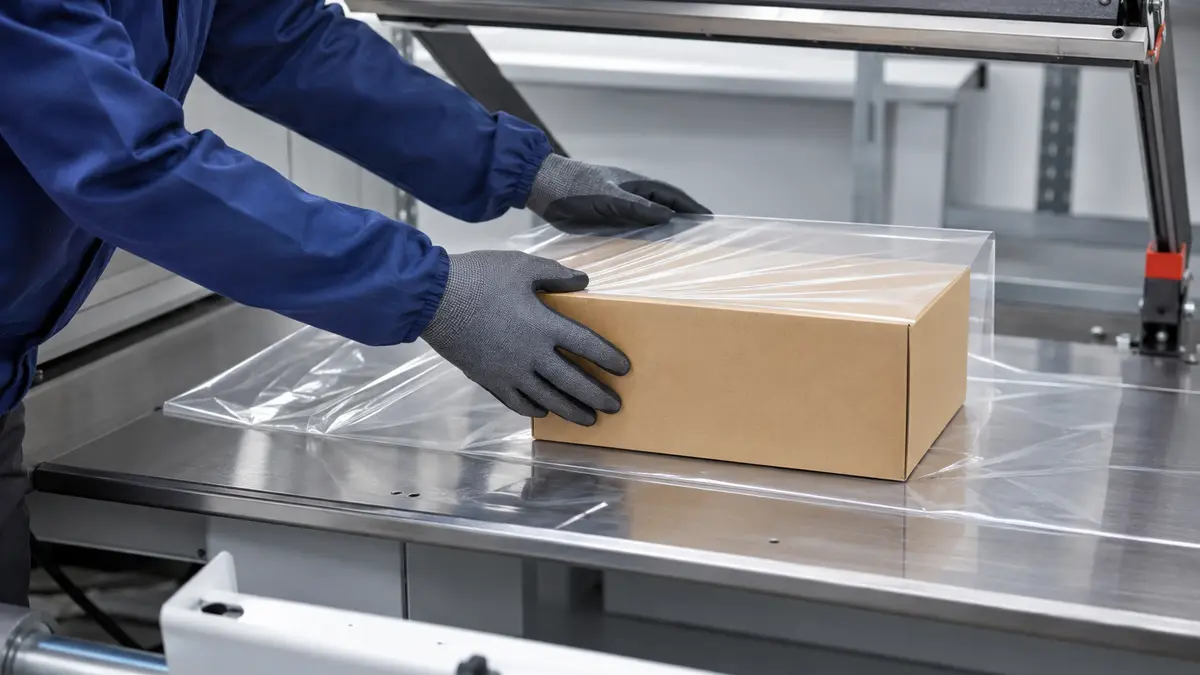 Operator loading a boxed product into clear centerfold shrink film before sealing