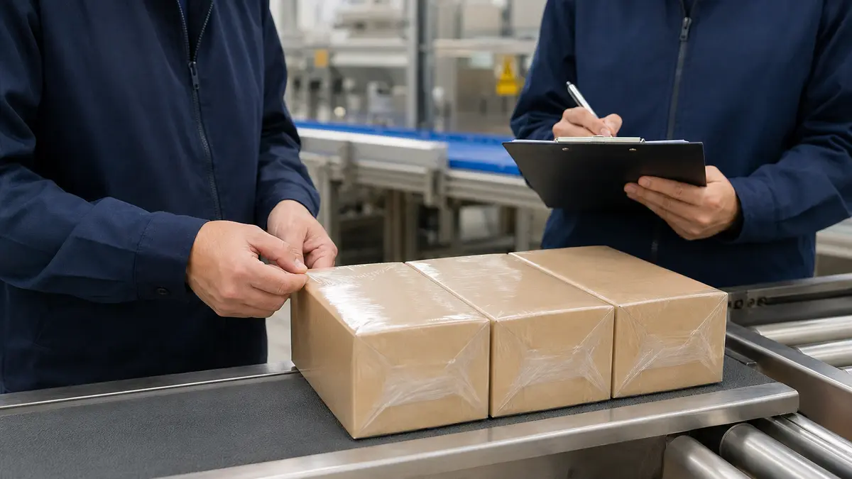 Quality team inspecting clear shrink-wrapped boxes beside a packaging line