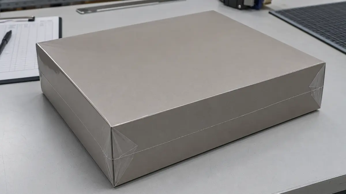 Unbranded board game box with a fitted clear shrink-film overwrap
