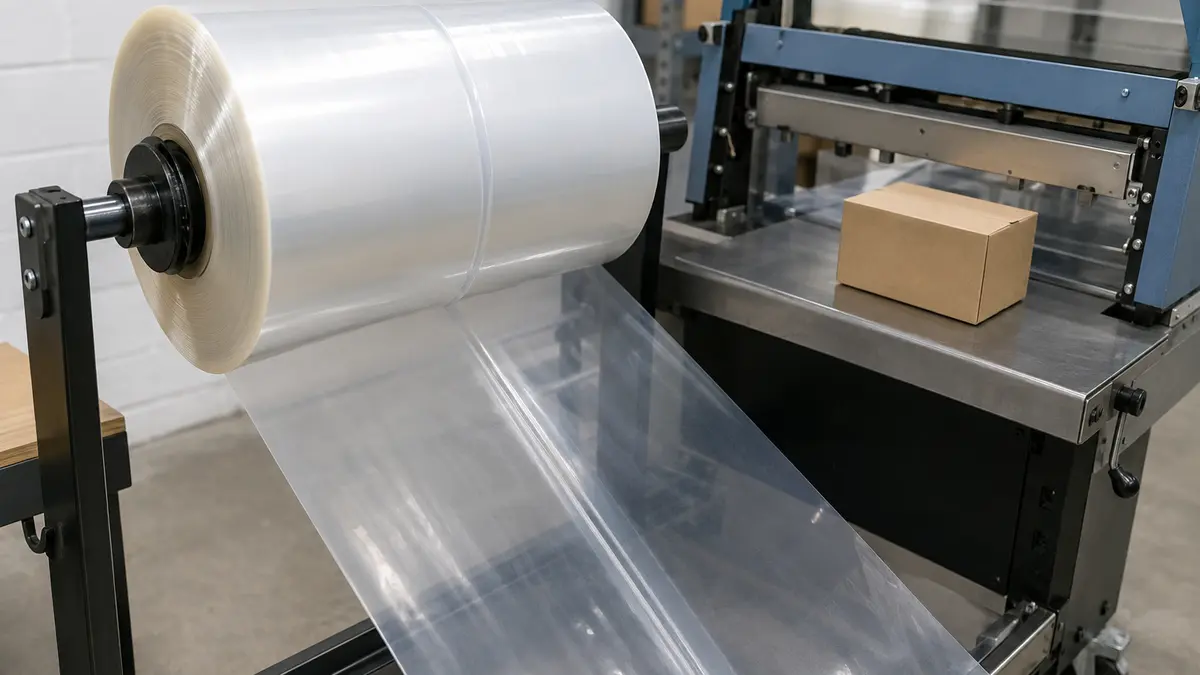 Clear centerfold shrink film unwinding from a roll toward an L-bar sealing station