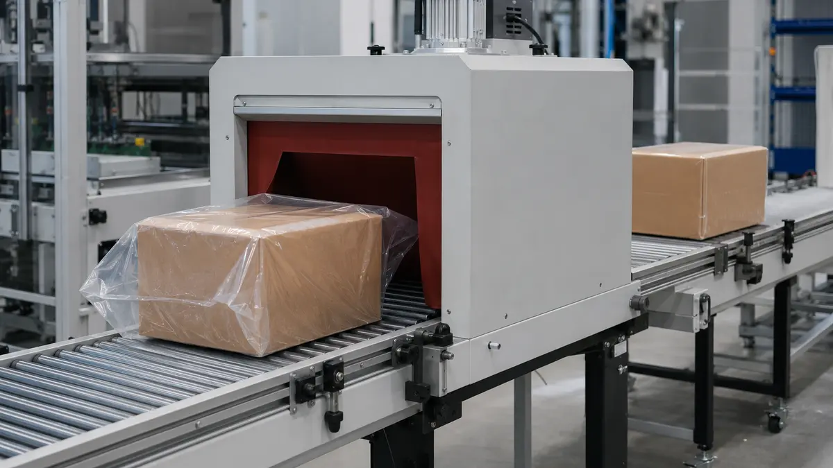 Sealed clear-film package moving through an industrial shrink tunnel