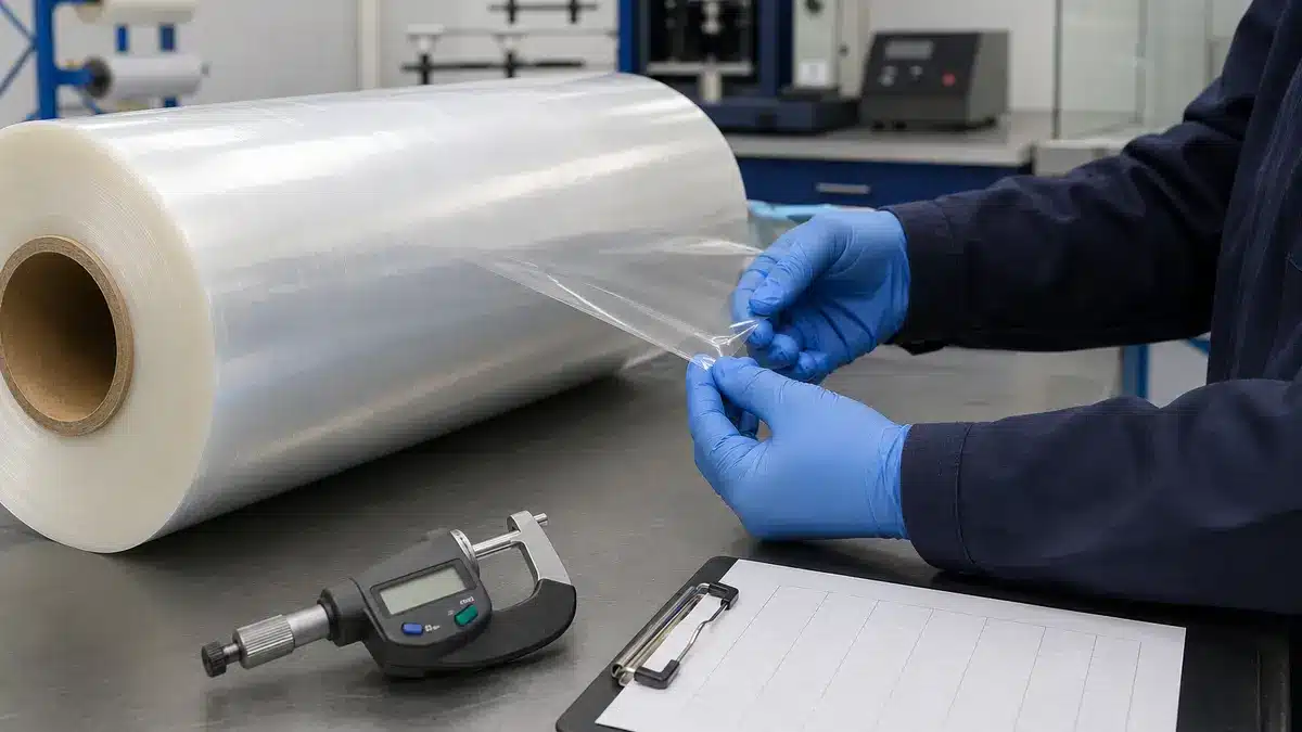 Packaging engineer inspecting a clear shrink-film roll with calipers and blank paperwork