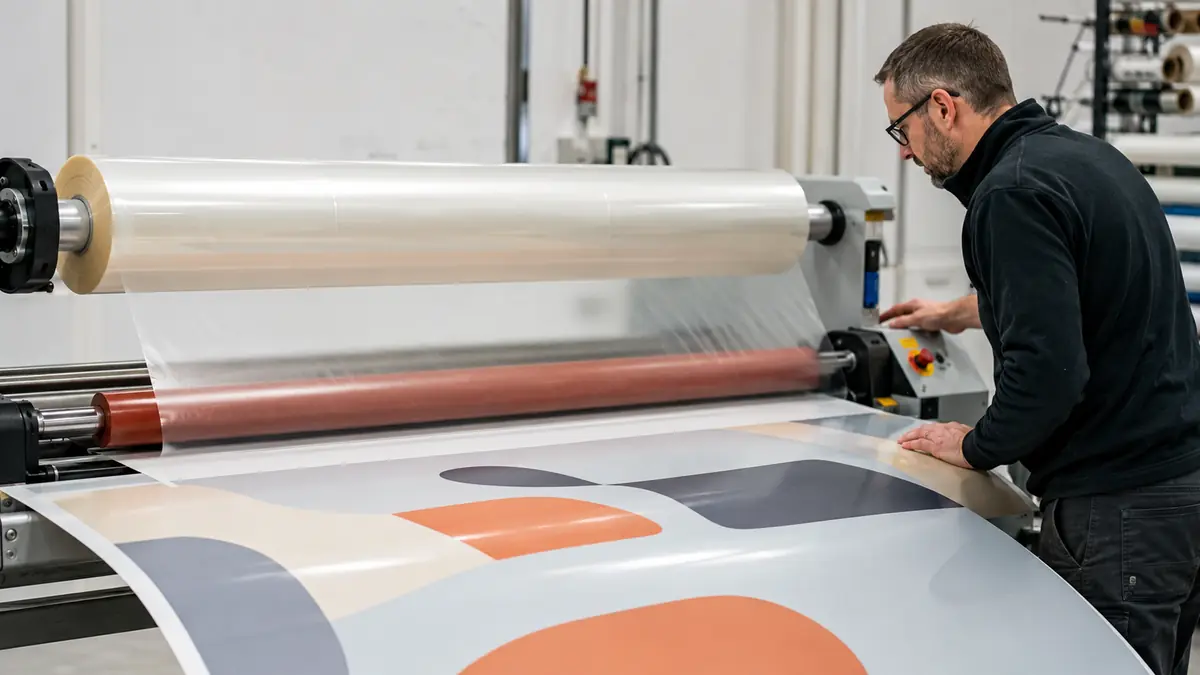 Technician applying clear pressure-sensitive film to a wide-format printed graphic