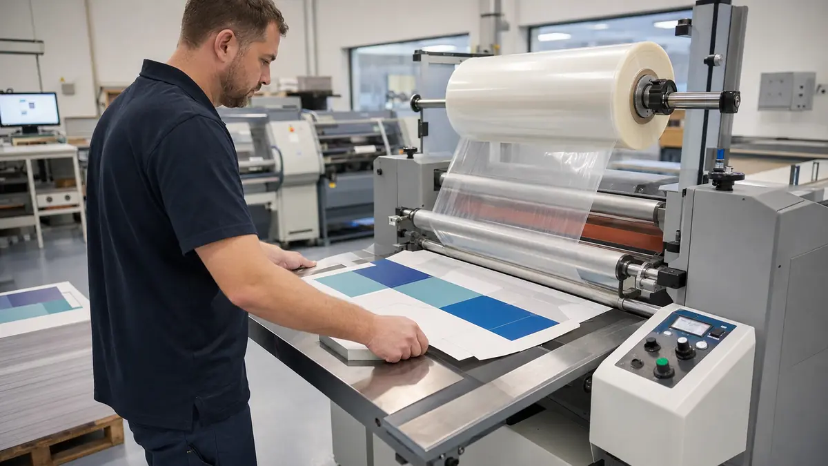 Operator guiding a printed paperboard sheet through a thermal laminating machine