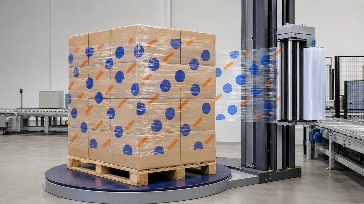 Automatic pallet wrapper applying generic printed stretch film to cartons