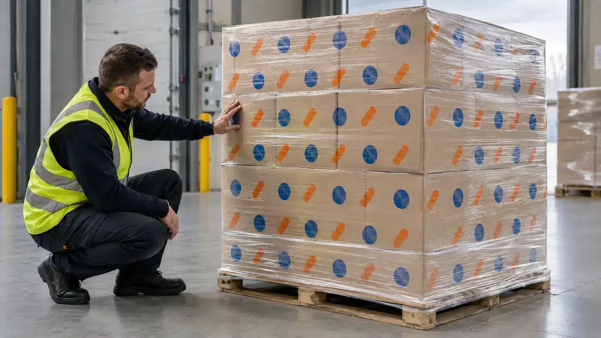 Warehouse operator checking repeated visual identifiers on printed stretch film