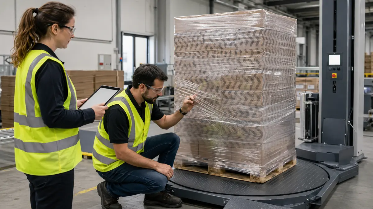 Packaging team inspecting a generic printed stretch-film qualification trial