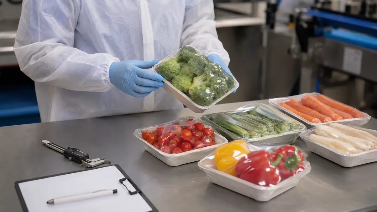 Packaging technician inspecting clear produce packs during a controlled line trial