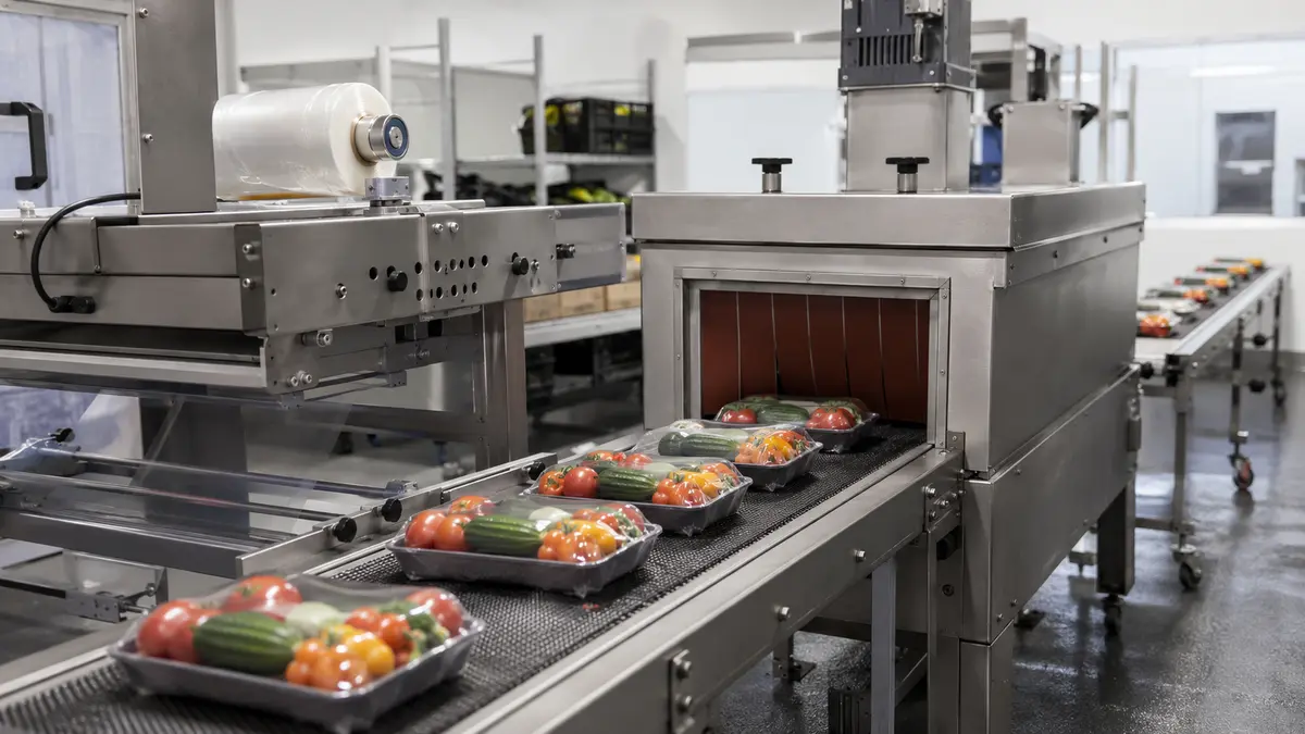 Generic produce packs moving from a sealer toward a compact shrink tunnel