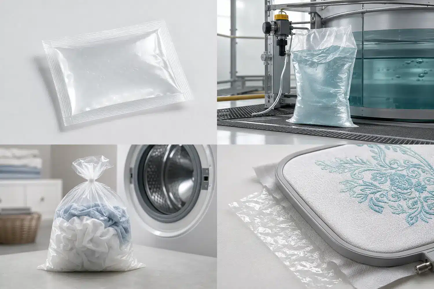 Concept illustration of unit-dose, industrial, laundry, and embroidery uses for PVA film