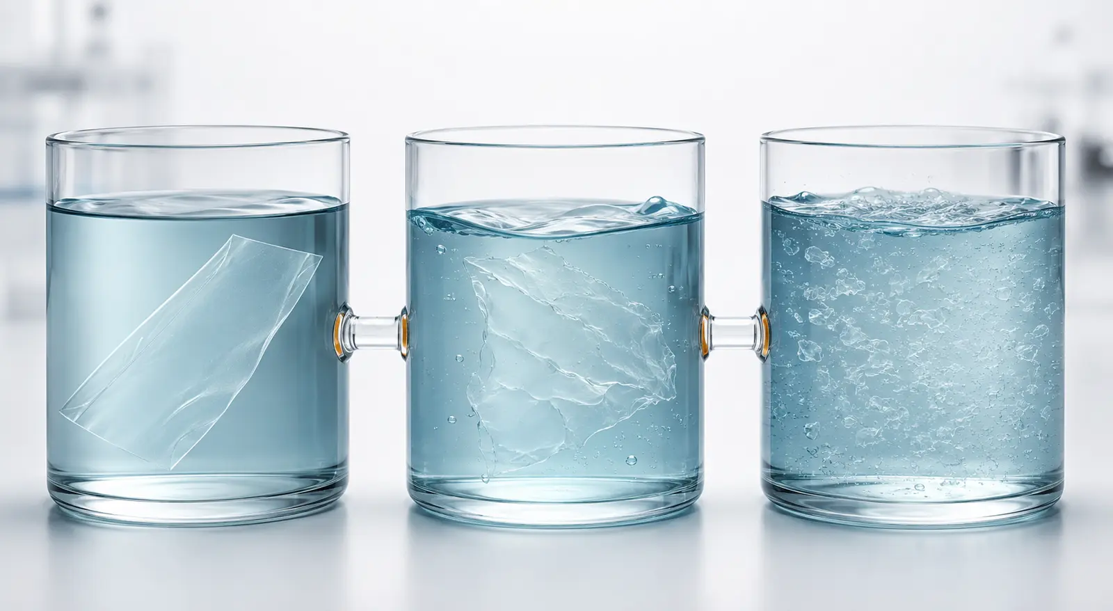 Concept illustration of PVA film hydrating and dispersing in water