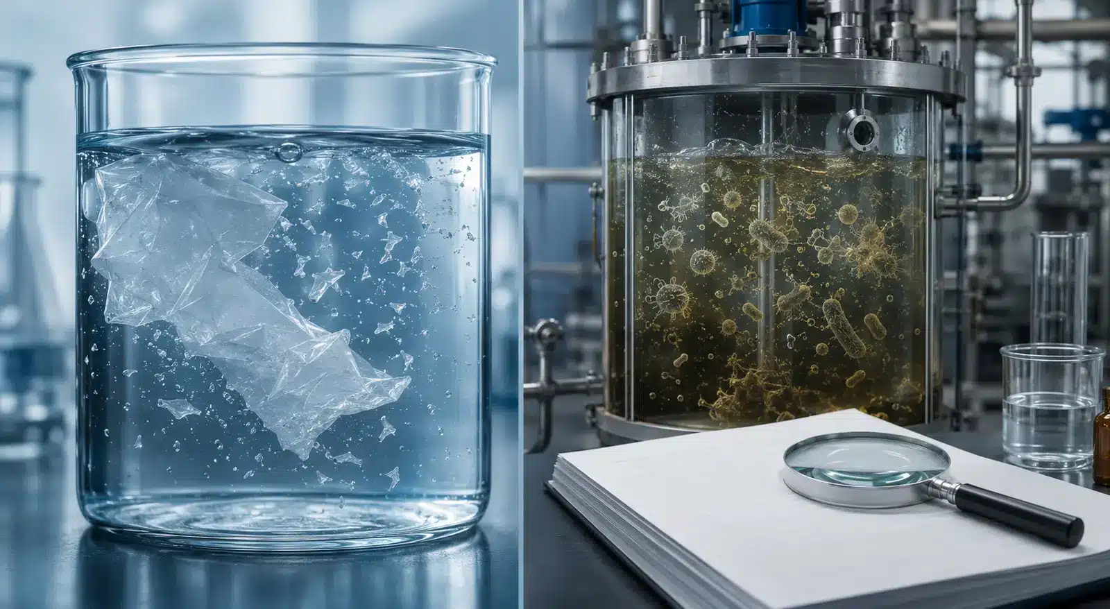 Concept illustration separating PVA dissolution from wastewater biodegradation assessment