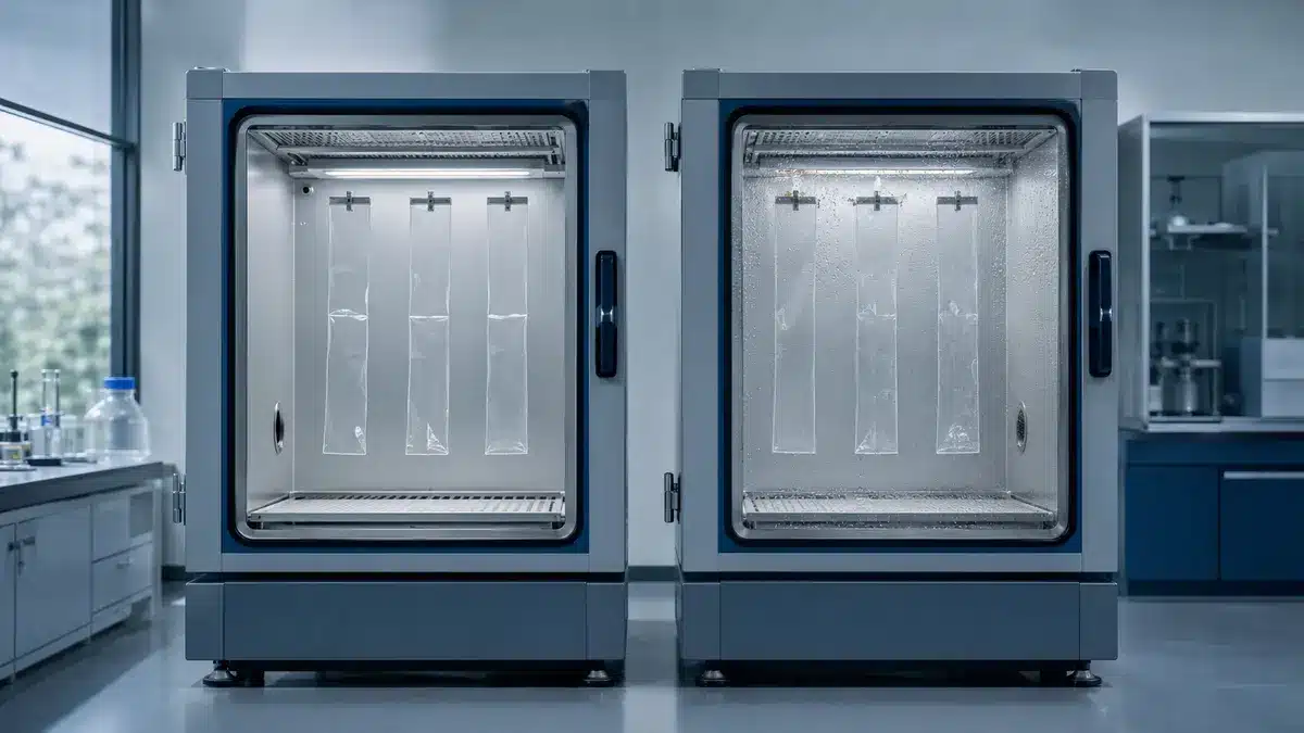Tiras de filme transparente em câmaras de condicionamento separadas, seca e úmida