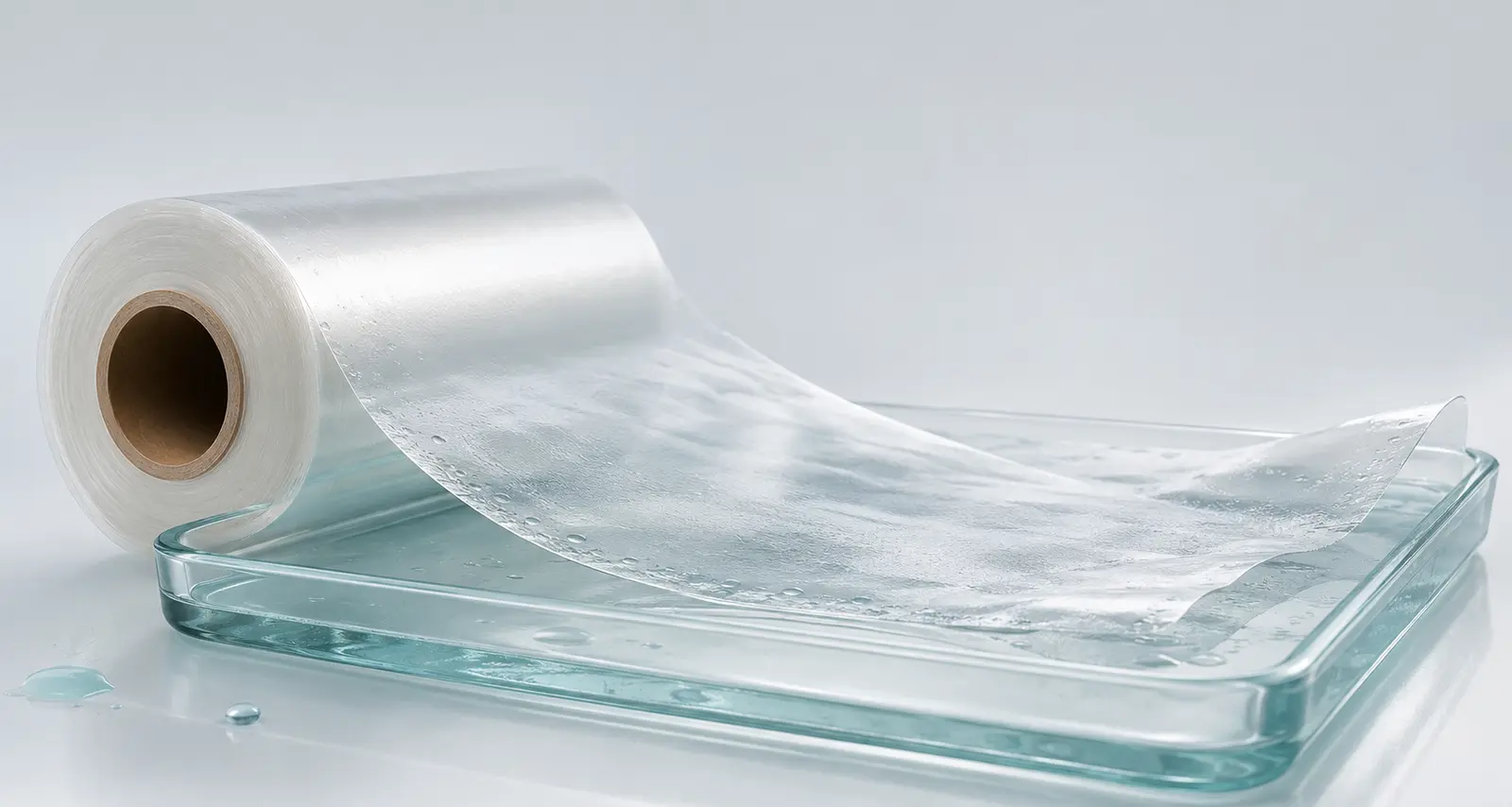 Concept illustration of a translucent PVA film web and water droplets