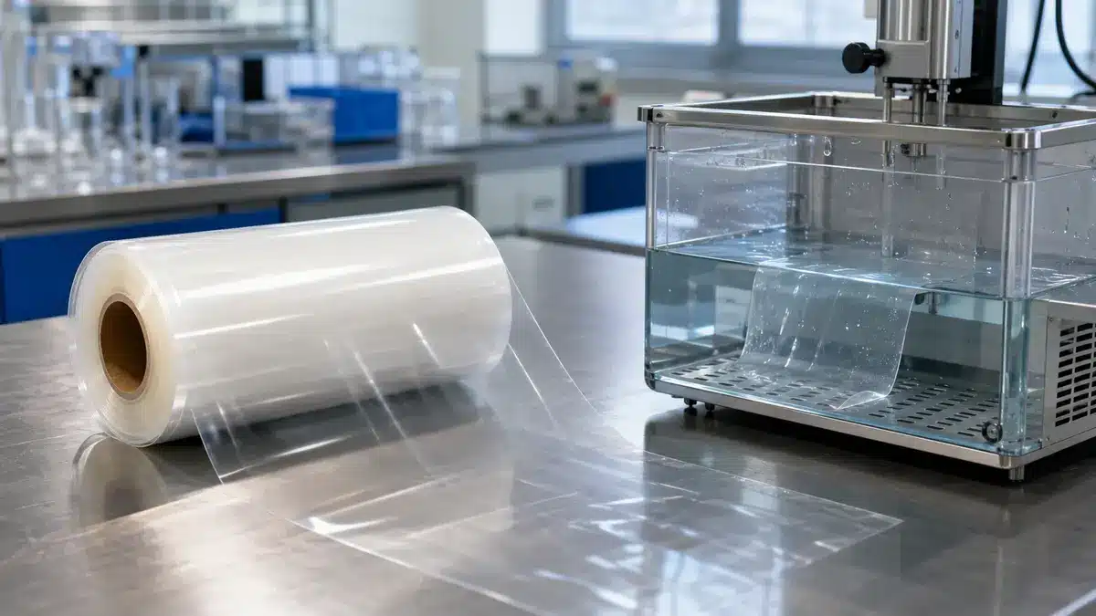 Rolo de filme transparente sem marca ao lado de um banho-maria controlado em um laboratório de materiais de embalagem