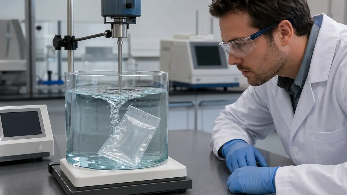 Engenheiro de embalagens observando uma bolsa de filme sem marca durante um teste controlado de dissolução