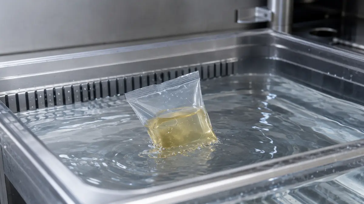 Bolsa de limpeza de dose única sem marca entrando em água em um ambiente de uso controlado