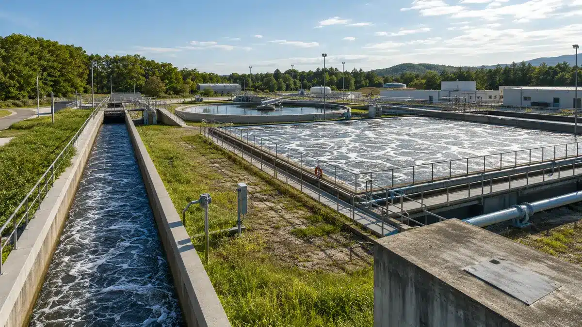 Bacias de tratamento de efluentes municipais recebendo um fluxo aquoso transparente