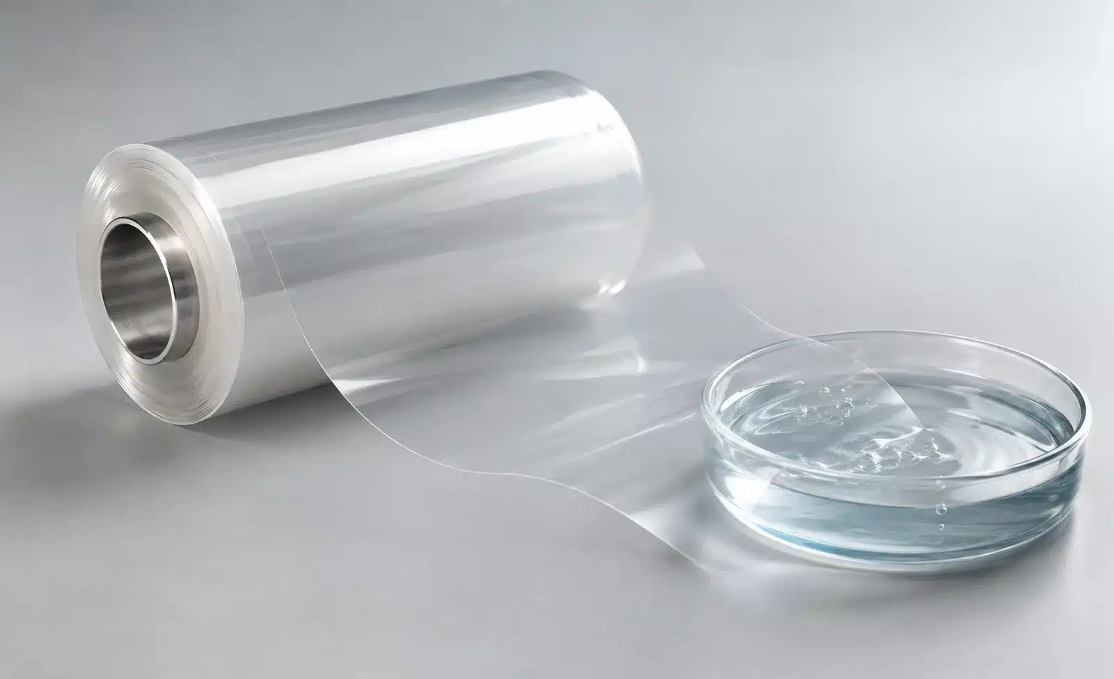 Concept illustration of a clear water-soluble PVOH film roll with a loose transparent web