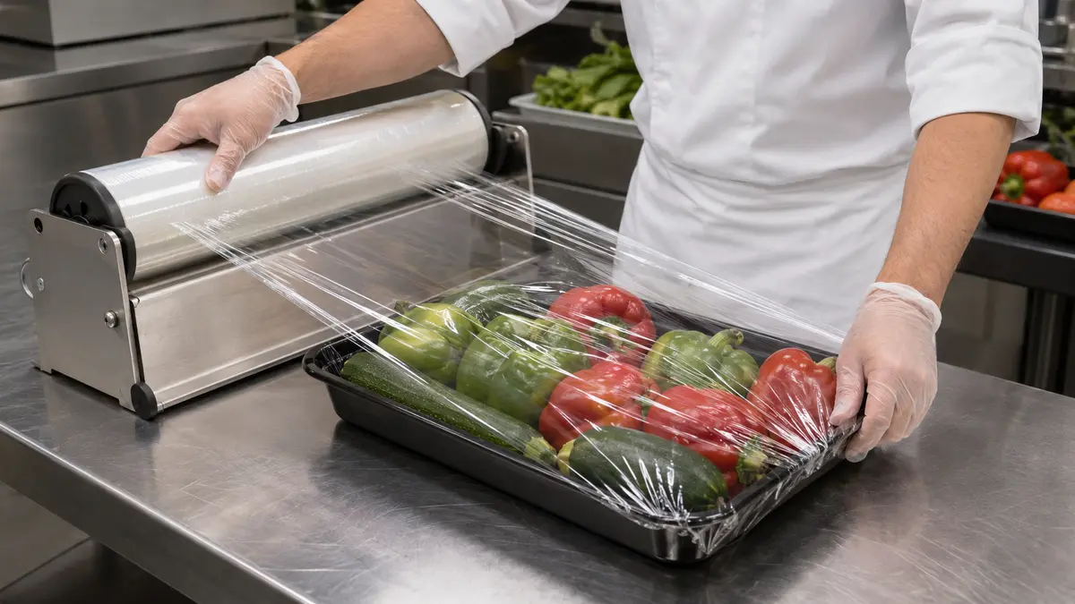 Food-preparation worker covering an unbranded produce tray with clear cling film