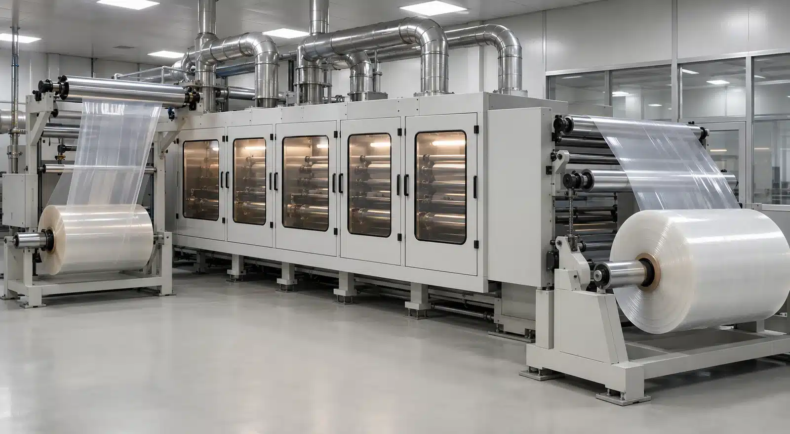 Concept illustration of transparent PVOH film passing through a controlled drying and winding line