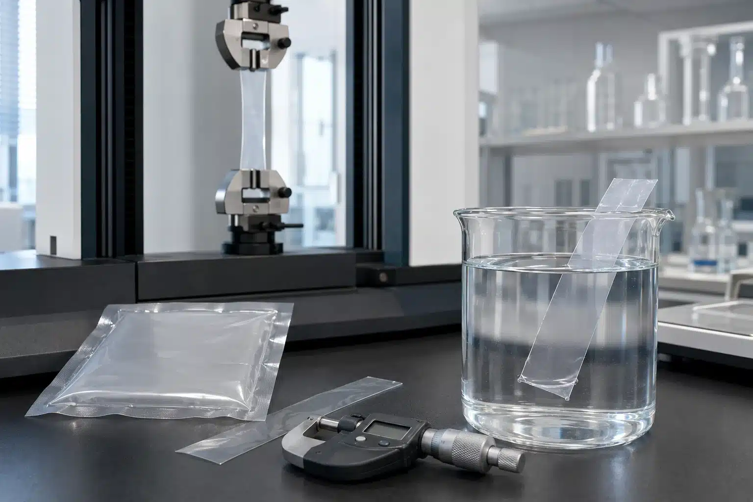 Concept illustration of a laboratory quality check on clear PVOH film, including a water-dissolution vessel and film specimen