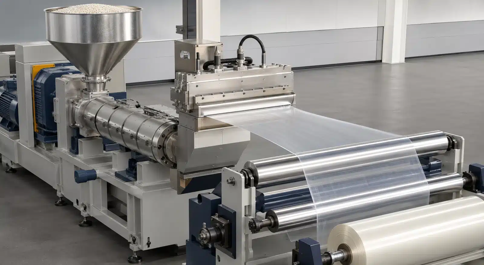 Concept illustration of a thermoplastic PVOH film extrusion line forming a clear film through a flat die