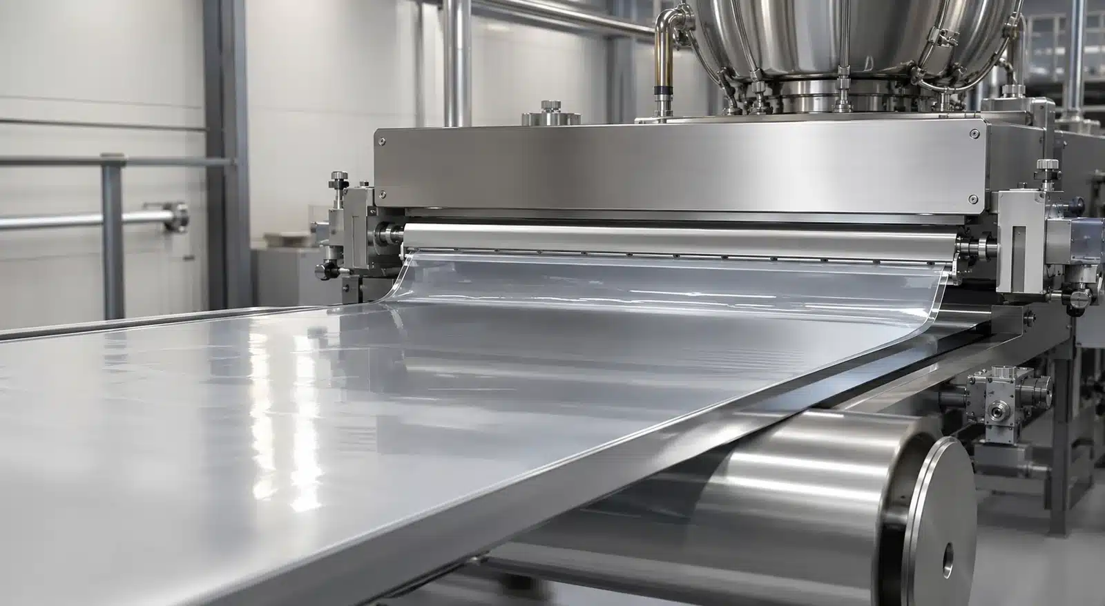 Concept illustration of a PVOH solution casting head forming a clear wet film on a moving metal belt