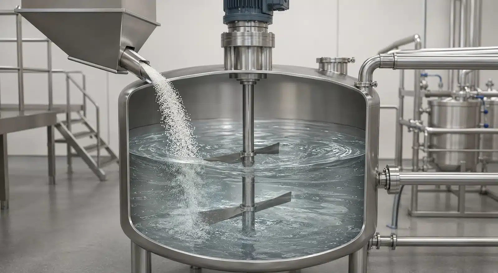 Concept illustration of PVOH resin being mixed into an aqueous solution in a stainless process vessel